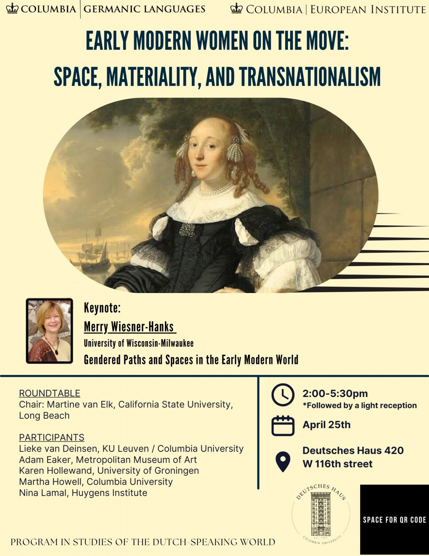 Poster for Early Modern Women on the Move event, with portrait painted in center.