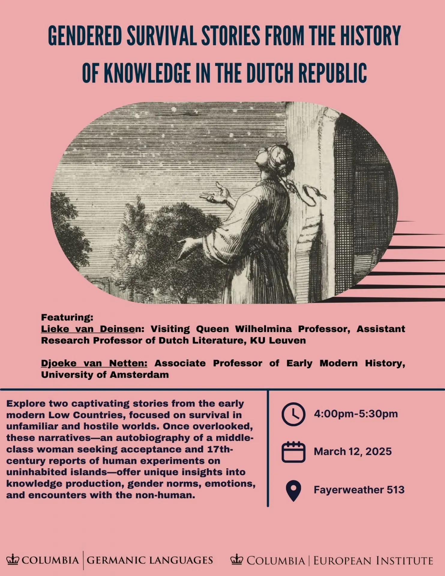 Poster for Gendered Survival Stories event with black-and-white illustration at center.