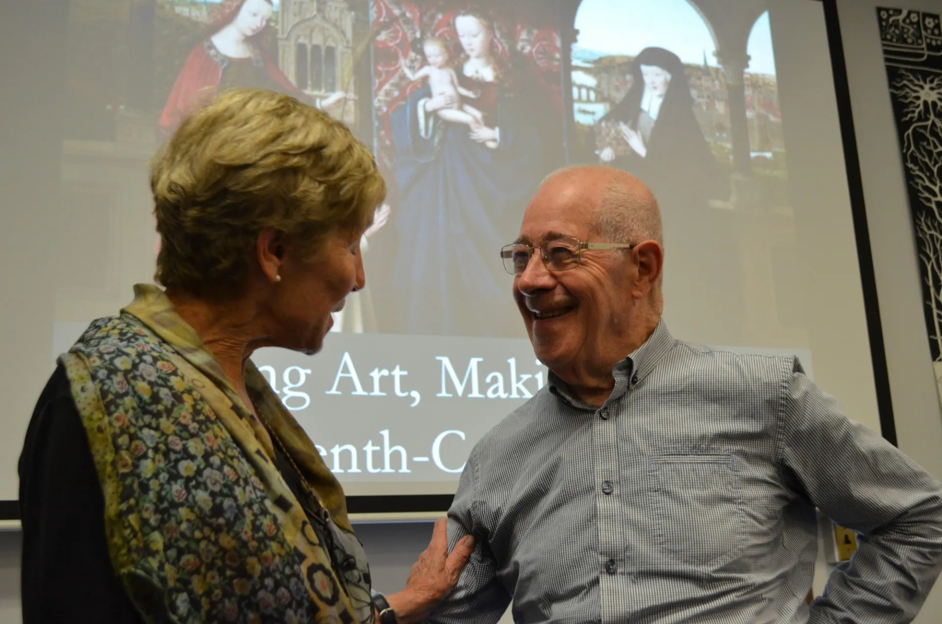 Martha Howell chats with Walter Prevenier at the close of the event "Making Art, Making Meaning"