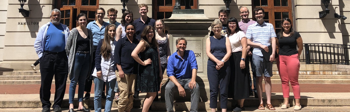 Group of students and instructors standing in front of Hamilton Hall, Columbia University
