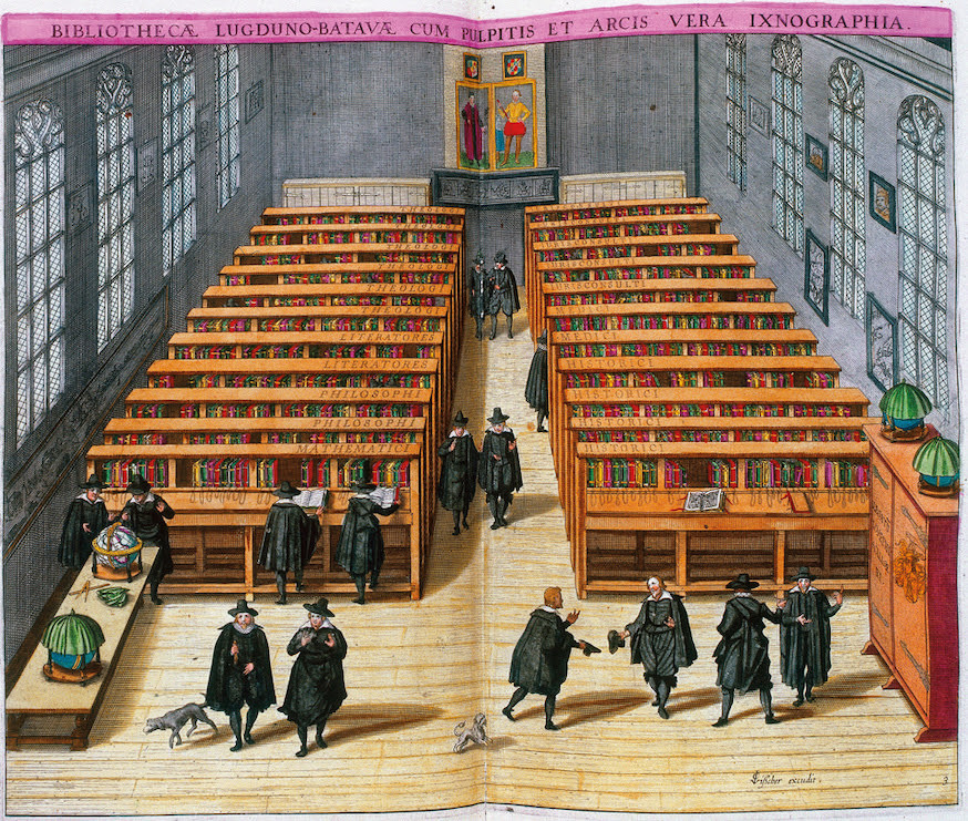 Illustration of the 17th-century library of Leiden University, known as the Bibliotheca Lugduno-Batava.