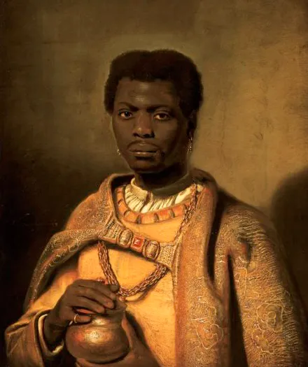 Oil painting of a man dressed in ornate golden and cream-colored robes with intricate patterns