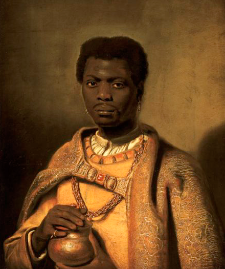 Oil painting of a man dressed in ornate golden and cream-colored robes with intricate patterns